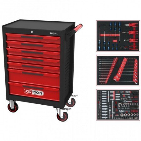 Vežimėlis su 215vnt. įrankių KS TOOLS ECOline, 7 stalčiai-Įrankių vežimėliai-Autoserviso įranga-KsTools-irankiai-darbui
