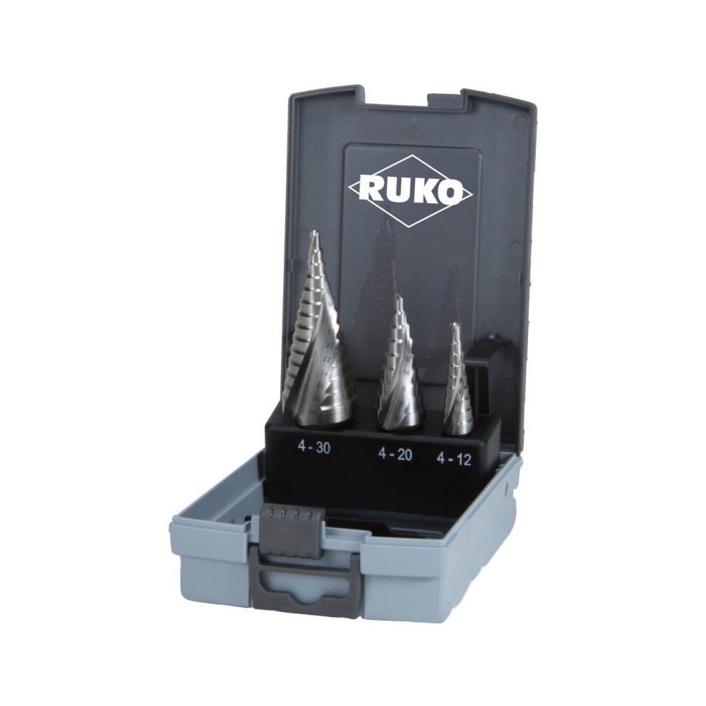 3 pakopinių grąžtų rinkinys RUKO HSS Quick cut Ø4-30mm-Pakopiniai vamzdžių ir lakštų grąžtai-Metalo grąžtai, frezos-Ruko-irankia 3 pakopinių grąžtų rinkinys RUKO HSS Quick cut Ø4-30mm-Pakopiniai vamzdžių ir lakštų grąžtai-Metalo grąžtai, frezos-Ruko-irankia