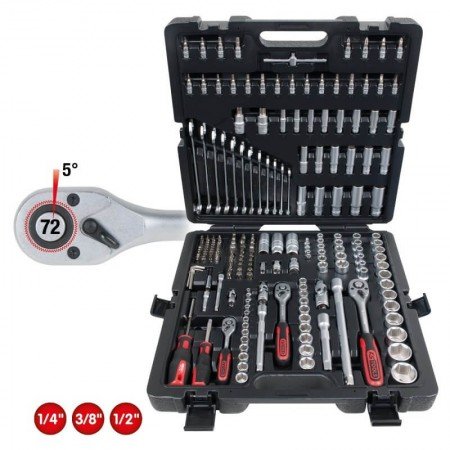 Raktų, terkšlių ir galvučių rinkinys KS TOOLS 1/4"+3/8"+1/2", 216 dalių-Galvutės, galvučių rinkiniai-Autoserviso įranga-KsTools-