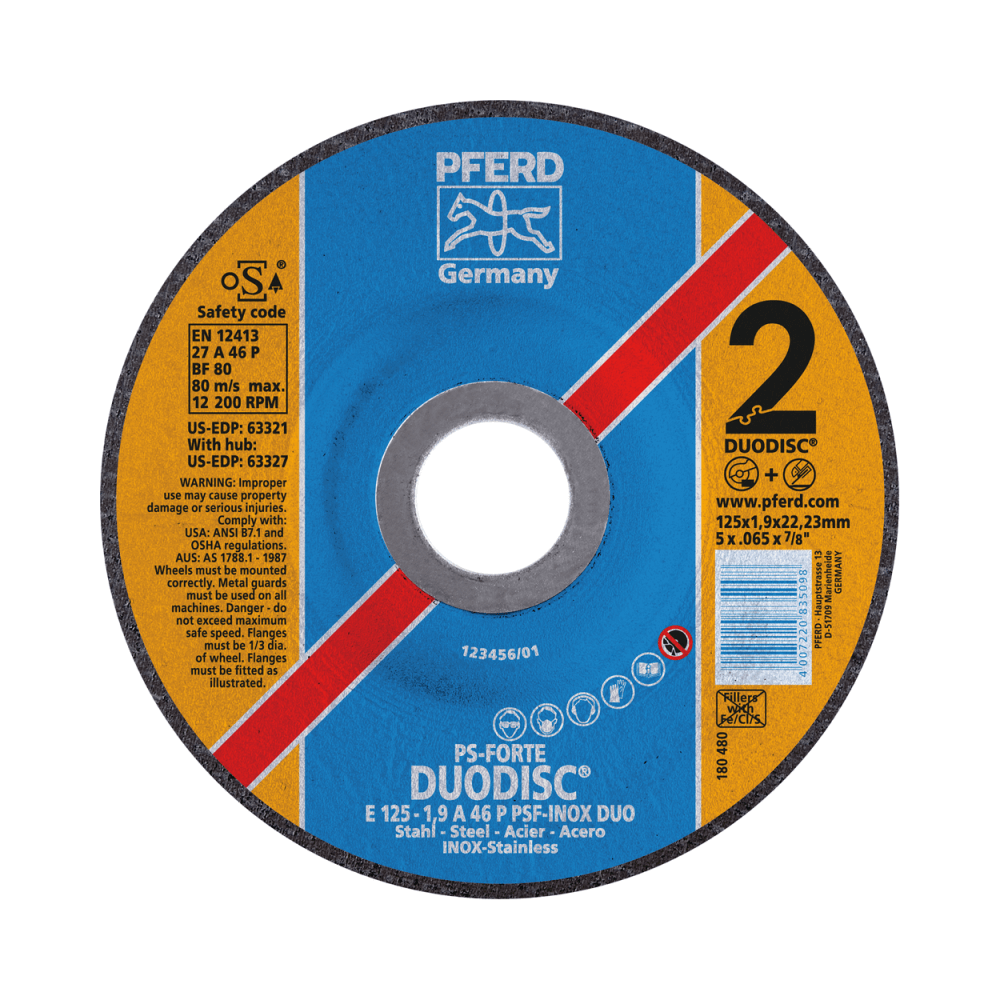 Pjovimo ir šlifavimo diskas PFERD E125-2.8 A46 P PSF-INOX-DUO-Abrazyviniai metalo pjovimo diskai-Medžio pjovimo staklės-Pferd-ir Pjovimo ir šlifavimo diskas PFERD E125-2.8 A46 P PSF-INOX-DUO-Abrazyviniai metalo pjovimo diskai-Medžio pjovimo staklės-Pferd-ir